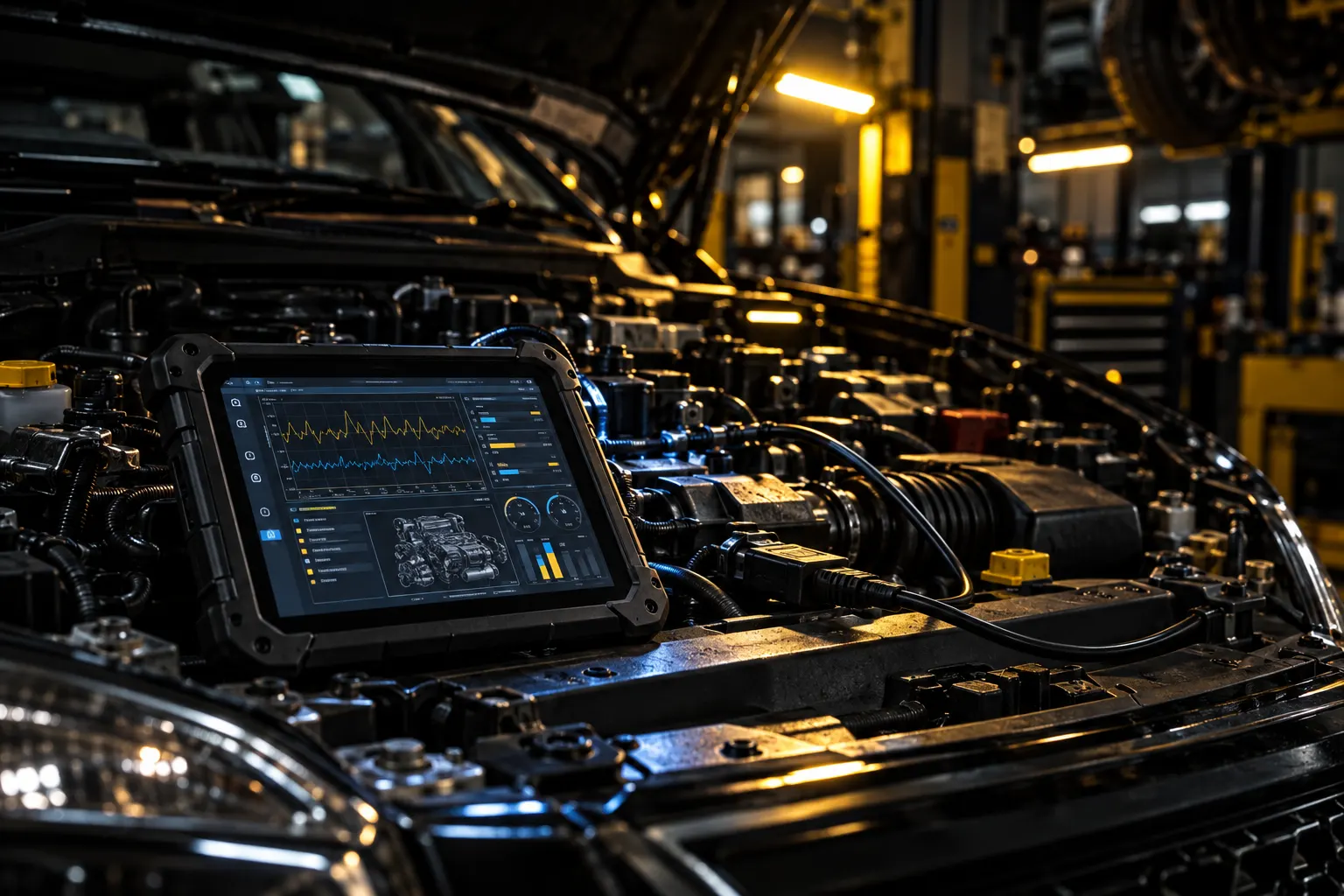 Diagnostic tablet resting on an open engine bay