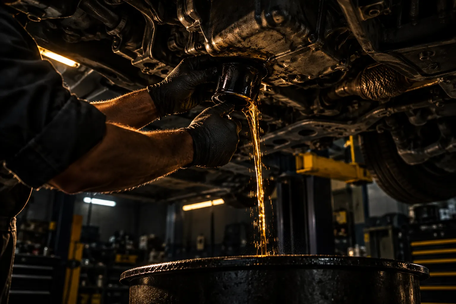 Mechanic draining engine oil from a car on a hoist